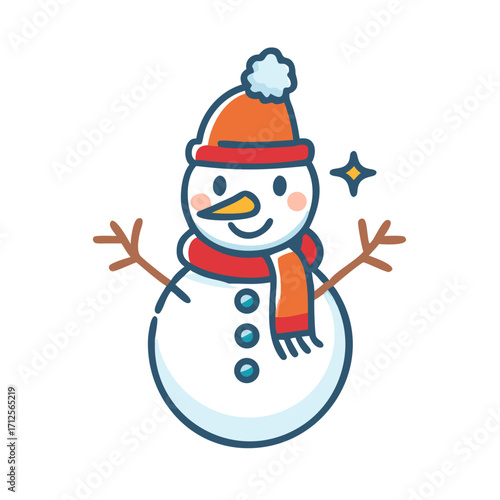Snowman in Winter Attire: A charming snowman, bundled in a cozy scarf and hat, smiles merrily, embodying the spirit of winter and the magic of the season.