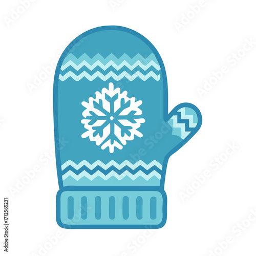 Winter Mitten Illustration: A cozy teal mitten adorned with a snowflake and intricate winter patterns, perfect for keeping hands warm during the chilly winter months.