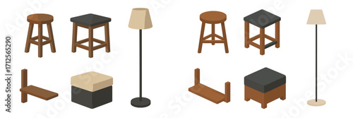 Collection of wooden and upholstered furniture pieces for home decor and interior design