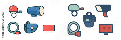 Collection of colorful icons representing various tools and accessories used in outdoor activities and sports