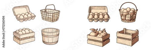 Illustration of various egg containers and baskets with fresh eggs in a rustic style