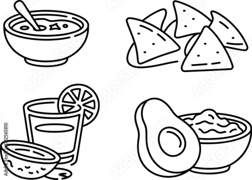 Hand drawn mexican food icons including guacamole nachos drink and salsa