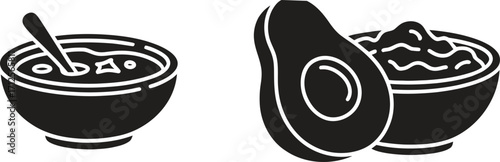 Simple black and white icons of guacamole and avocado