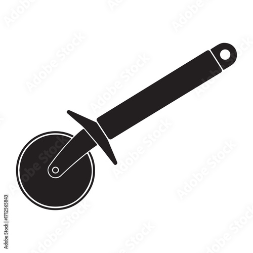 Black and White Pizza Cutter Silhouette on White Background for Culinary and Cooking Themes and Simple Design Needs