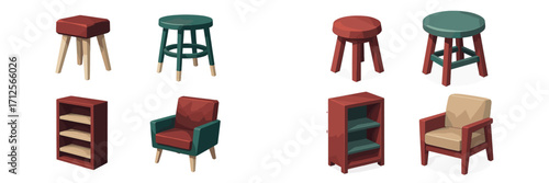 Colorful wooden stools and chairs arranged on a simple table surface in a cozy design setting