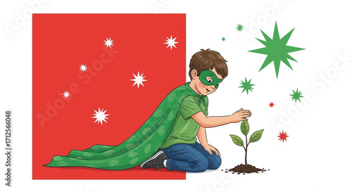Heroic Youth Nurturing a Plant in an Illustrative Scene Celebrating Growth and Nature