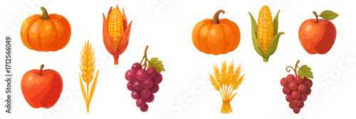 Colorful autumn produce including pumpkins, corn, apples, and grapes arranged on a white background