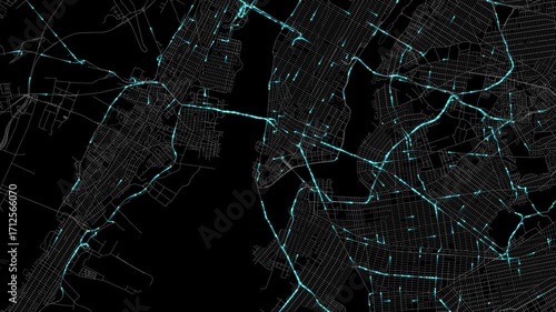 Urban Traffic Flow Map Simulation in New York City, New York, GPS Smart city route Transportation