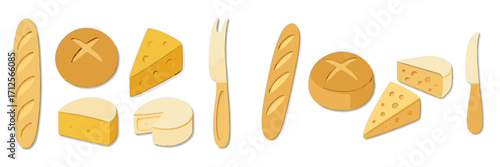 Cheese and bread assortment with utensils displayed on a clean surface for a casual dining setup