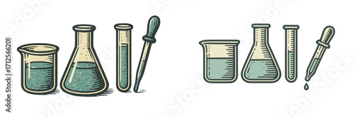 Laboratory glassware including beakers, flasks, and pipettes used for mixing solutions in a chemistry setting