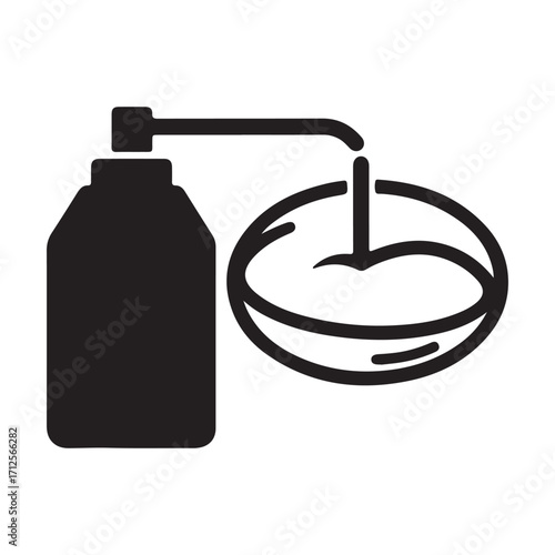 Black and White Silhouette Illustration of Fragrance Perfume Bottle with Spray Dropping into Dish for Cosmetic Use