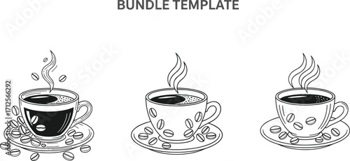 Coffee Cup Bundle Vector with Saucer, Steam, and Bean Elements for Café Branding, Packaging, Menu Design, and Promotional Graphics