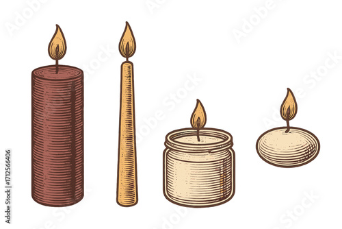Different types of candles with varied shapes and colors for home decoration and ambiance