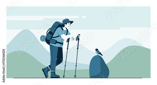 Hiker Pauses, Observing Nature, Bird Sits While Enjoying Landscape Scenery