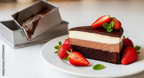 Delicious Three-Layered Chocolate Mousse Cake with Strawberries.