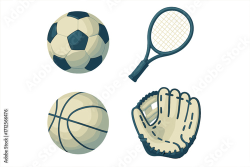 Different types of sports equipment including a soccer ball, tennis racket, basketball, and baseball glove displayed together
