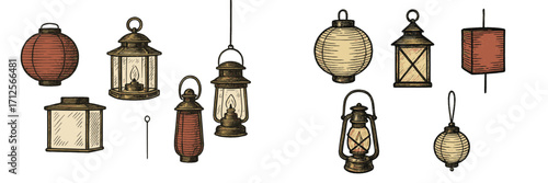 Colorful decorative lanterns of various shapes and sizes hanging together in a cozy design for an inviting atmosphere