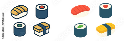 Colorful sushi varieties displayed in a playful graphic design showcasing different types of rolls and nigiri