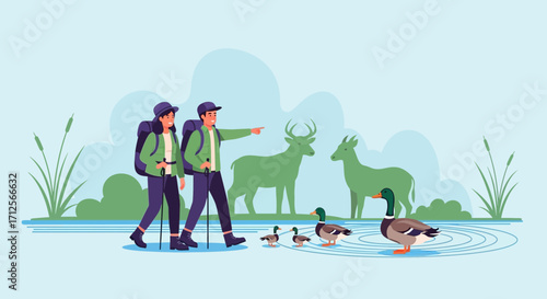 Hikers Observing Fauna And Flora In A Serene Natural Habitat Setting