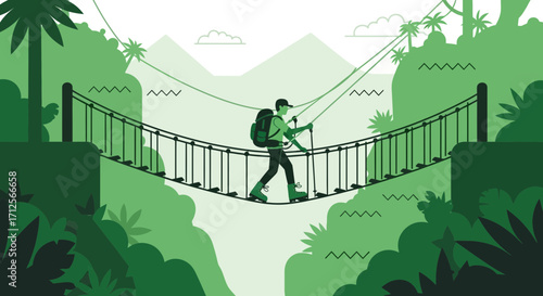 Hiking Adventure: Crossing the Suspension Bridge in a Lush Verdant Environment Illustration