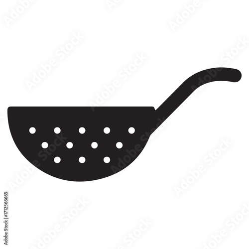 Black and white silhouette of a kitchen colander with handle vector illustration for cooking and food preparation visuals