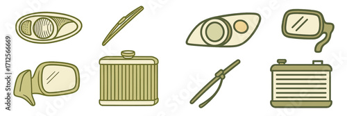 Collection of car parts including headlights, mirrors, and tools on a white background