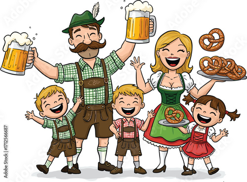 Happy Bavarian family celebrating Oktoberfest with beer, pretzels, traditional German clothing, smiling children, parents, festive mood, cultural celebration.