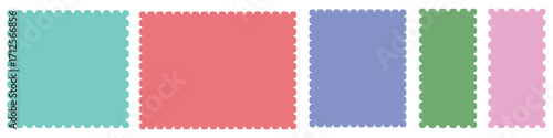 Post stamp frames and borders. Postage stamps set.  Empty postage stamp borders set vector illustration. Rectangle, square template for mail, postcard, letter, note. Vector zigzag objects for badge.  