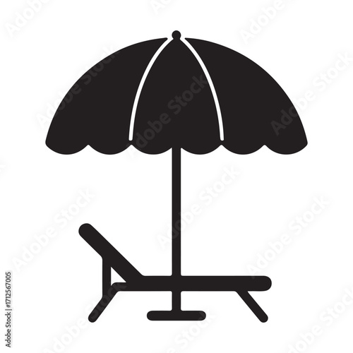 Black and White Silhouette of Beach Chair and Umbrella for Summer Relaxation and Vacation Getaway Concept Minimalist Design Illustration