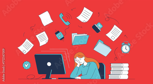 A woman is overwhelmed with tasks and deadlines working at her desk.