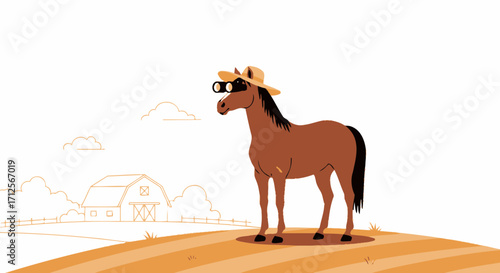 Horse With Binoculars On Hill Observing Farmhouse Looking Into The Distance