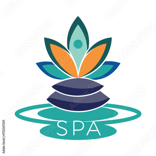 Serene spa and wellness logo featuring a delicate flower and smooth stones for relaxation and balance