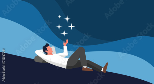 Human Contemplating Stars While Reclining in a Dreamlike State under Celestial Skies Scene