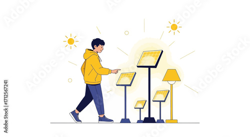Human Interacting With Renewable Energy Displaying Sustainable Solar Technological Sources