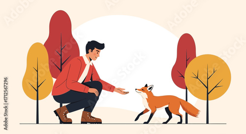 Human Interaction With A Wild Fox in Forest: Autumnal Friendship And Nature Connection