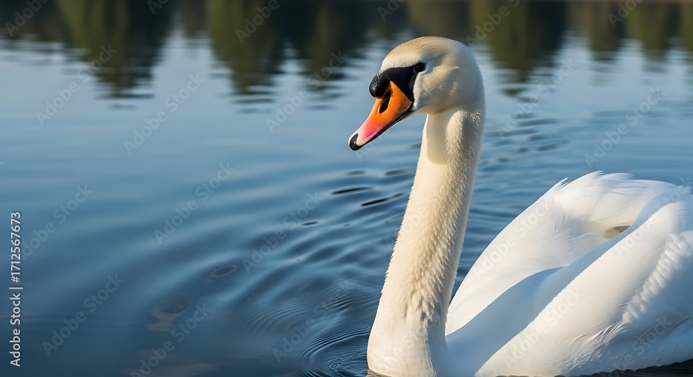 Obraz premium Elegant swan gracefully gliding on tranquil water surface, serene nature scene.