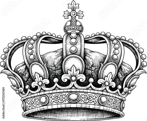 Royal Crown Vector Illustration Featuring Ornate Jewels, Symmetrical Arches, and Regal Cross for Luxury, Authority, Heraldry, and Design Themes