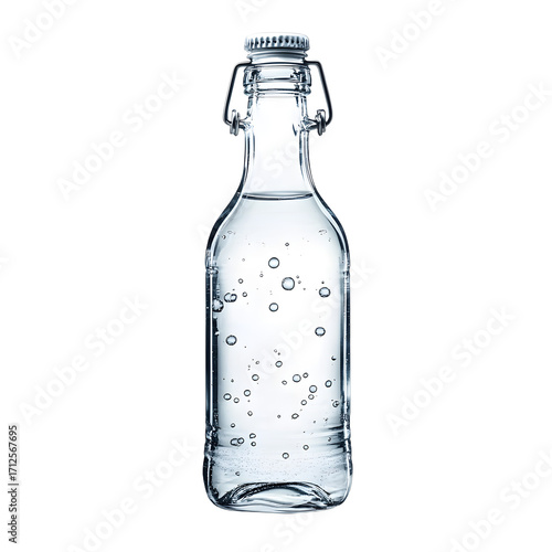 Elegant Clear Glass Water Bottle with Bubbles and Reflection
