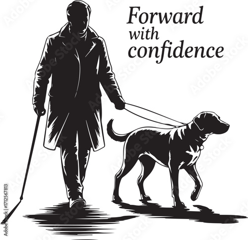 Blind person walking with a guide dog and cane forward with confidence