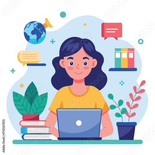Young woman focused on her laptop screen engaged in online activities with a modern flat design aesthetic