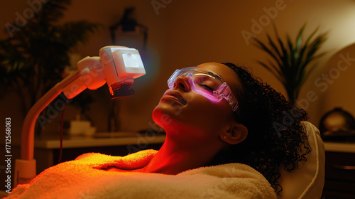 Wallpaper Mural Woman receiving laser facial treatment in luxurious skincare medspa clinic, wearing robe and relaxing while technician using laser device on her face for skin rejuvenation, tightening and lifting Torontodigital.ca