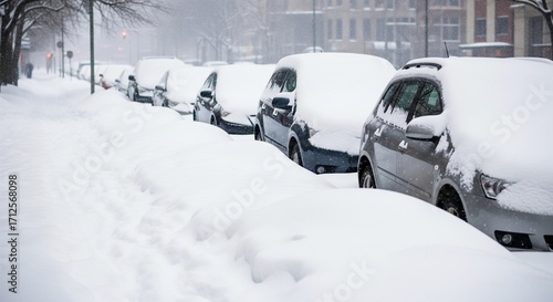 Cars buried under thick snow, parked along a city street with snow piles everywhere