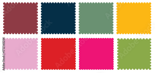 Set of colorful postage stamp Edge Rectangle, Vector Jagged Geometric Shapes. Postage stamp borders set vector isolated on white background.