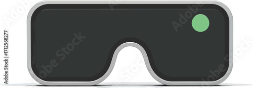 Close-up of a black virtual reality headset with a green indicator light on a white background.