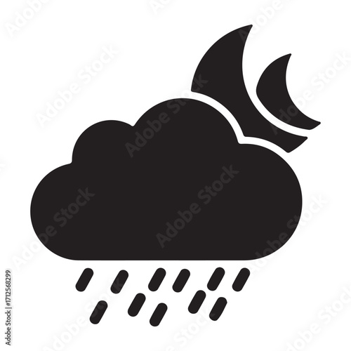 Black and White Vector Illustration of Rainy Cloud with Two Moon Crescent Shapes for Graphic Design Elements and Weather Forecasts