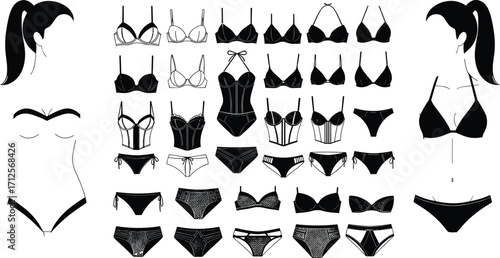 Women’s Lingerie Vector Set Featuring Bras, Panties, Bodysuits, Corsets, Fashion Silhouettes, and Intimate Apparel Styles for Design Use