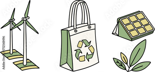 Sustainable living icons showcase eco-friendly energy, recycling, and green initiatives