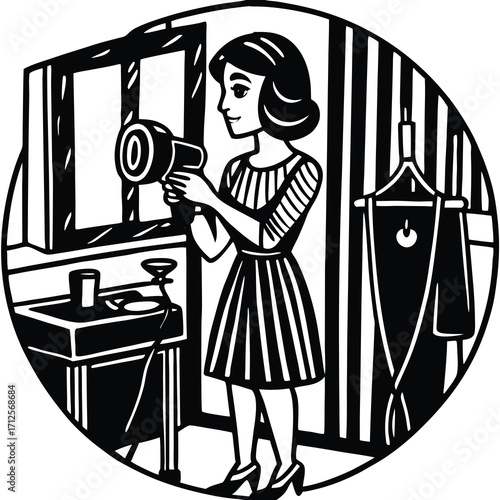 Young woman drying her hair in a dressing room with a hairdryer vector illustration