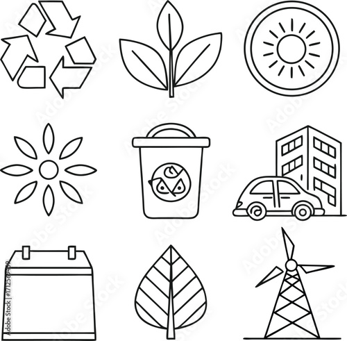 Eco friendly living icons promoting sustainability and environmental awareness in a modern vector set