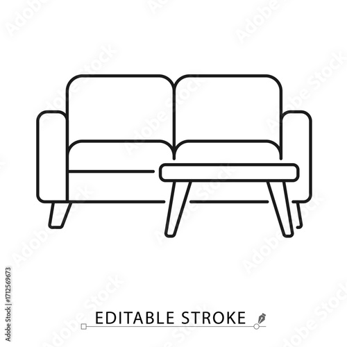 A sofa icon in minimalist style with editable stroke. Living room furniture, couch with table, home decor, interior design, comfort seat, lounge element, modern furniture, relaxation symbol.